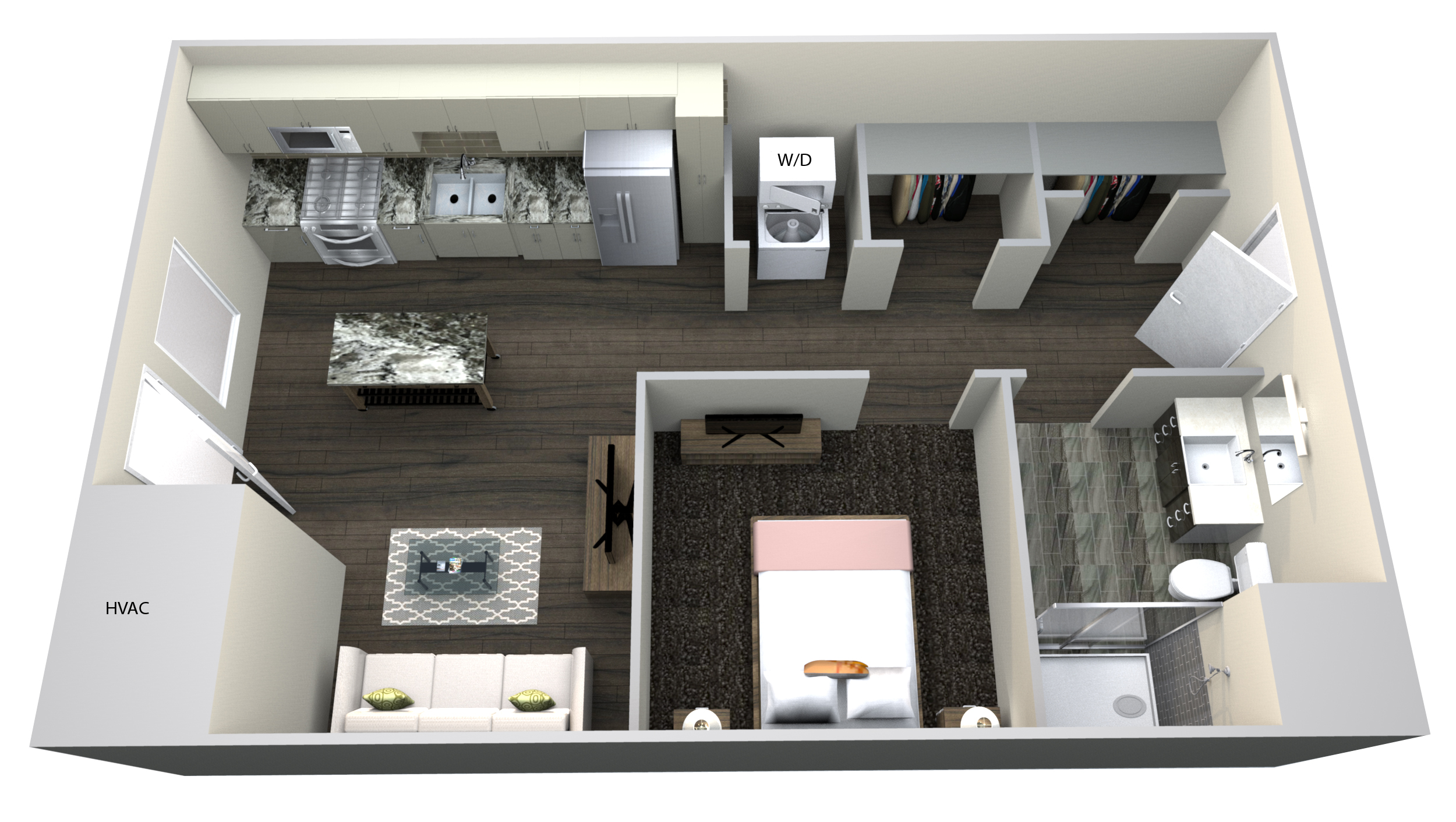 Floor plan for 1 bed, 1 bath, 542 sqft